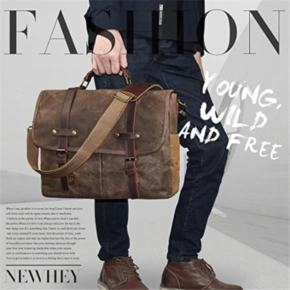 Mens Messenger Bag 15.6 Inch Waterproof Vintage Genuine Leather Waxed Canvas